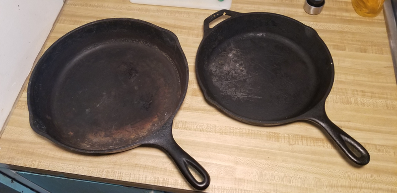11.75" Wagner on the left, 10" Lodge on the right. Both made in the USA. The Wagner lacks the featherweight touch of the Erie, but according to the scales it still comes in well below what it’s modern equivalent would weigh. 5.4lbs for the 11.75" Wagner vs. 5.5lbs for the smaller 10" Lodge skillet. The finish of the Wagner skillet is sublime. Just as good as the Erie, and miles above any of my Lodge cookware.